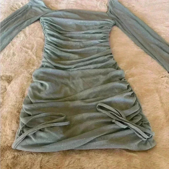 Jump Apparel Glitter Square Neck Ruched Long Sleeve W/ Ties At Hemline Dress M - Picture 4 of 10